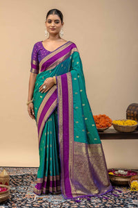 Kanjivaram Style Teal Green Silk Saree with Contrast Purple Blouse Piece
