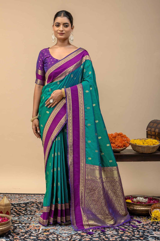 Kanjivaram Style Teal Green Silk Saree with Contrast Purple Blouse Piece