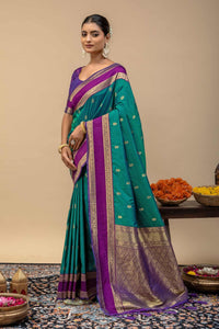 Kanjivaram Style Teal Green Silk Saree with Contrast Purple Blouse Piece