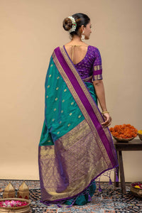 Kanjivaram Style Teal Green Silk Saree with Contrast Purple Blouse Piece