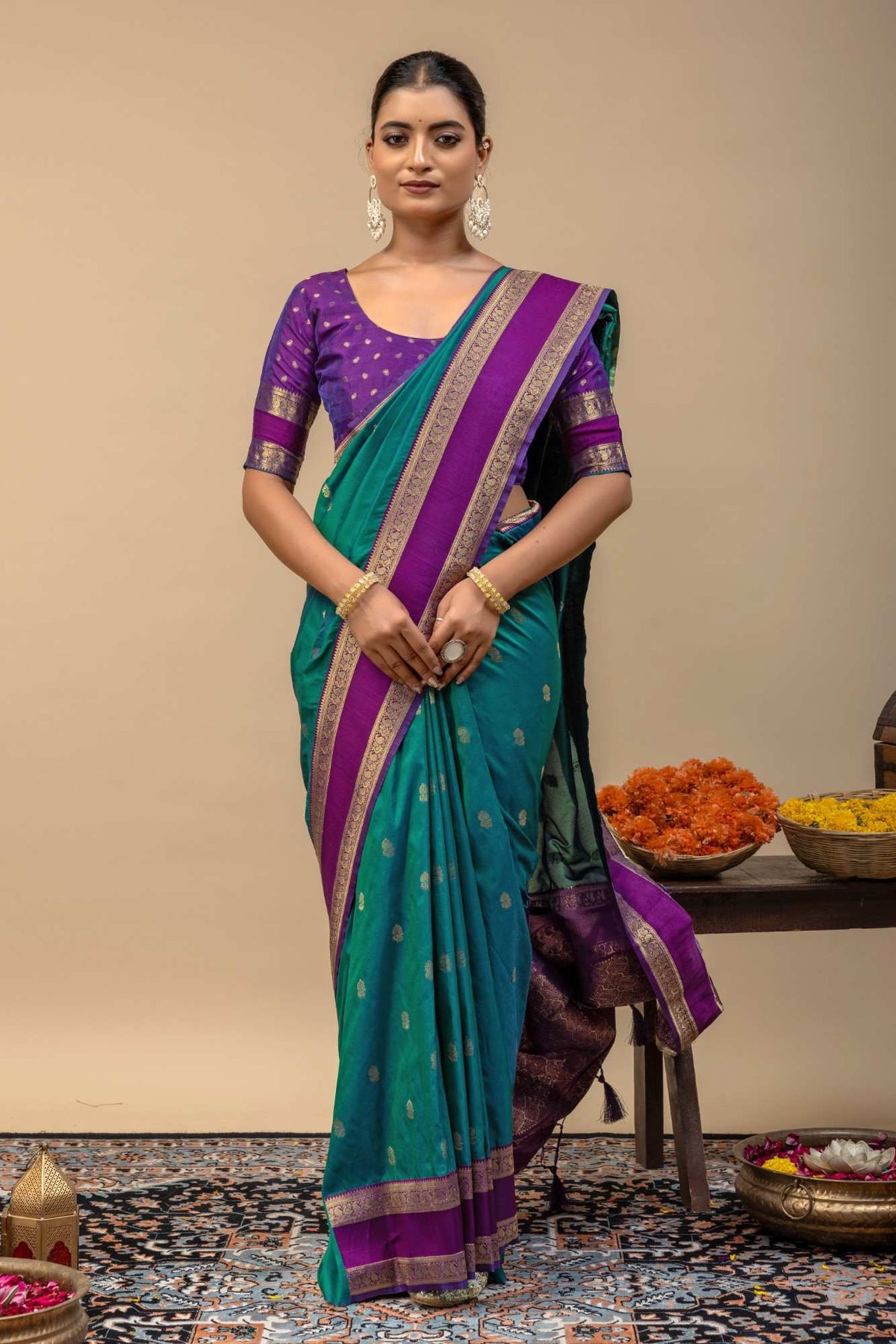Kanjivaram Style Teal Green Silk Saree with Contrast Purple Blouse Piece