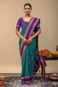 Kanjivaram Style Teal Green Silk Saree with Contrast Purple Blouse Piece