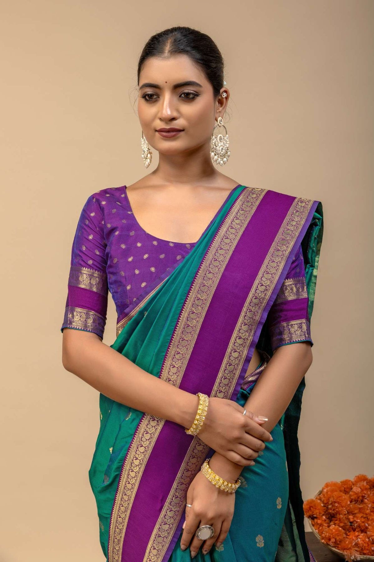 Kanjivaram Style Teal Green Silk Saree with Contrast Purple Blouse Piece