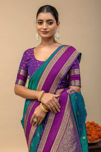 Kanjivaram Style Teal Green Silk Saree with Contrast Purple Blouse Piece
