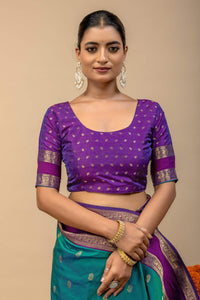 Kanjivaram Style Teal Green Silk Saree with Contrast Purple Blouse Piece