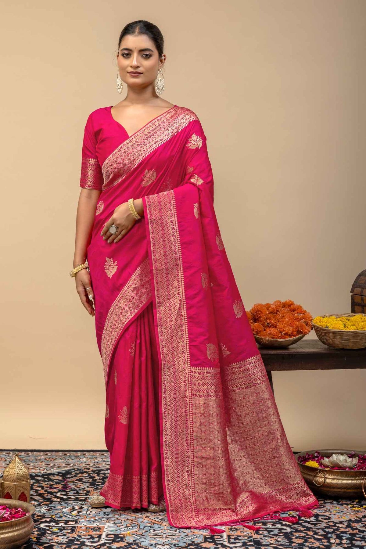 Festive Rani Pink Kanjivaram Style Soft Silk Saree with Geometric Zari Border & Blouse Piece