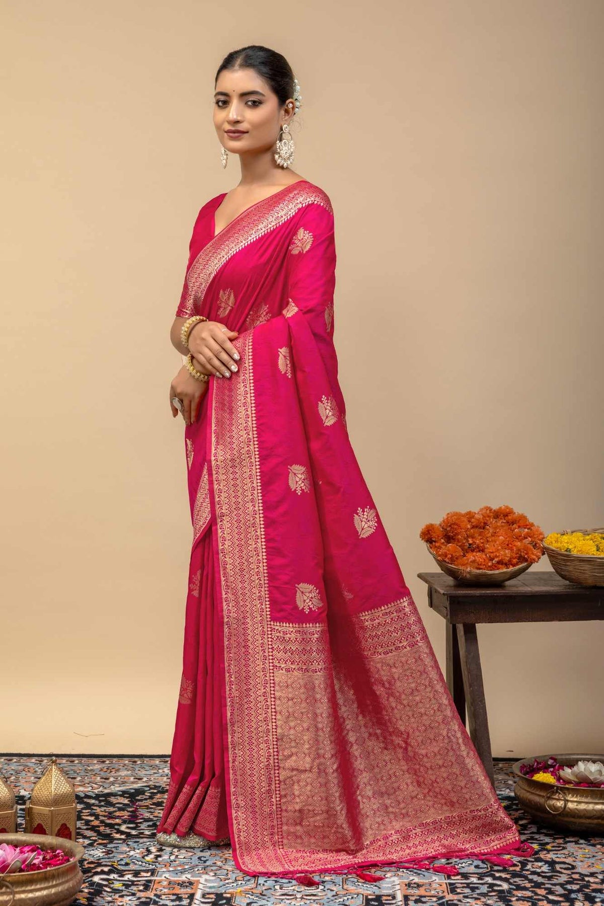 Festive Rani Pink Kanjivaram Style Soft Silk Saree with Geometric Zari Border & Blouse Piece