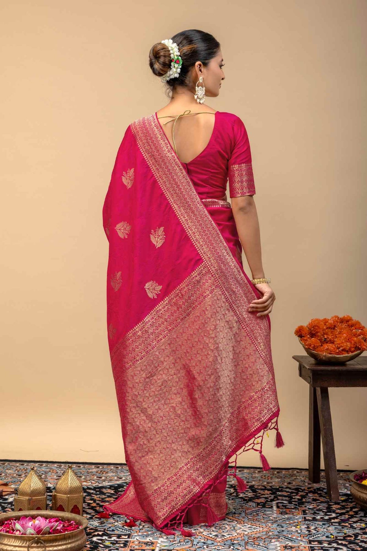 Festive Rani Pink Kanjivaram Style Soft Silk Saree with Geometric Zari Border & Blouse Piece