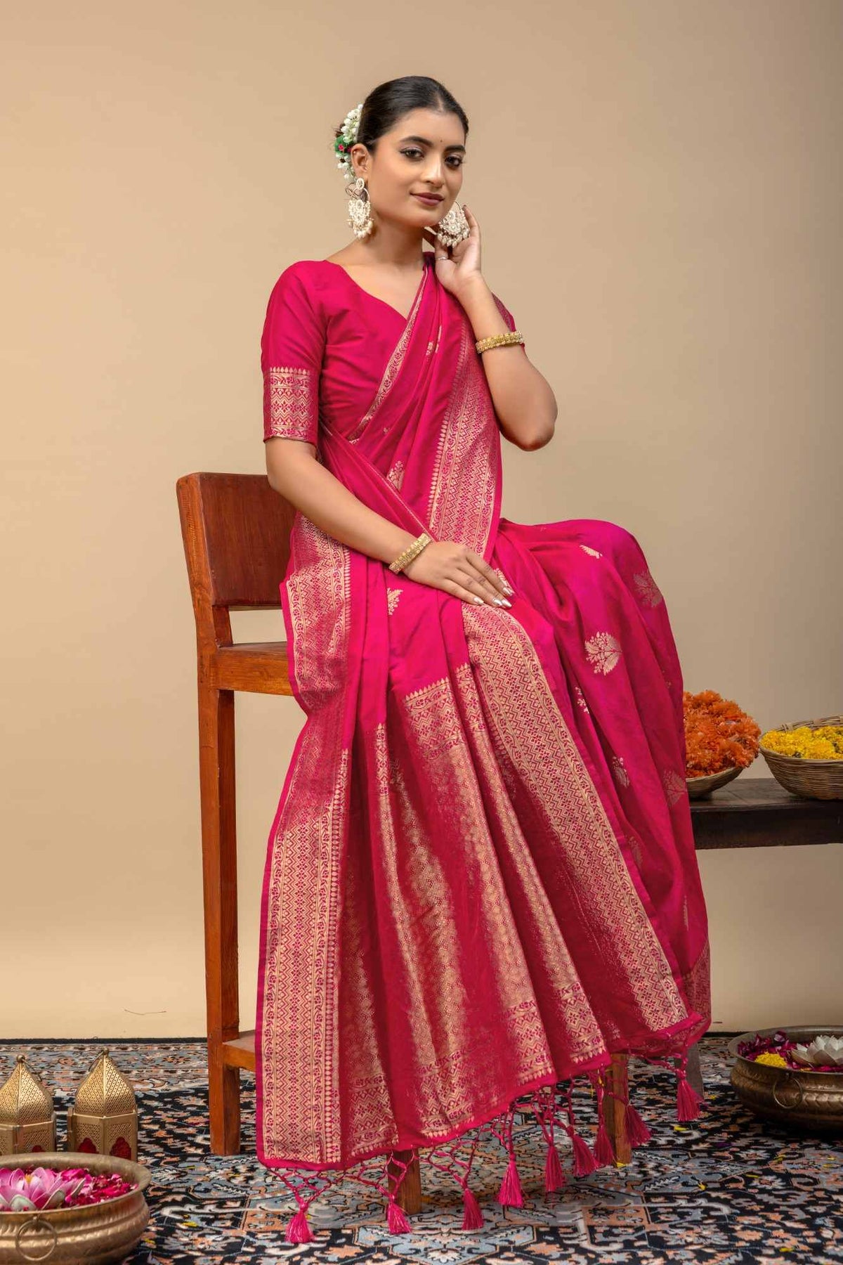 Festive Rani Pink Kanjivaram Style Soft Silk Saree with Geometric Zari Border & Blouse Piece