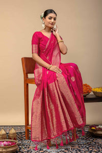 Festive Rani Pink Kanjivaram Style Soft Silk Saree with Geometric Zari Border & Blouse Piece