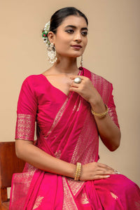 Festive Rani Pink Kanjivaram Style Soft Silk Saree with Geometric Zari Border & Blouse Piece