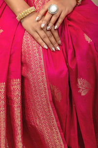 Festive Rani Pink Kanjivaram Style Soft Silk Saree with Geometric Zari Border & Blouse Piece