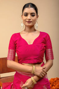 Festive Rani Pink Kanjivaram Style Soft Silk Saree with Geometric Zari Border & Blouse Piece