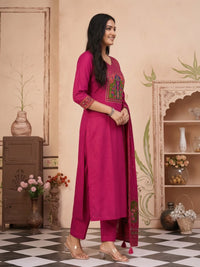 Royal Rani Pink Silk Kurti Pant Set with Traditional Peacock Printed Dupatta