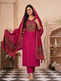 Royal Rani Pink Silk Kurti Pant Set with Traditional Peacock Printed Dupatta